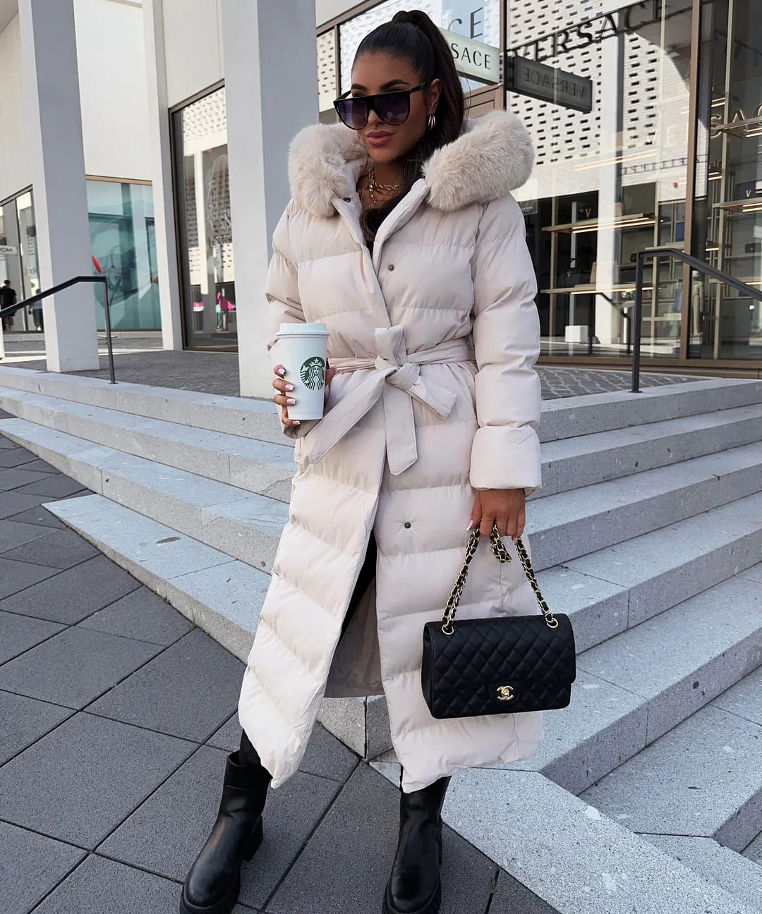 Alyana | Stylish Synthetic Down Winter Jacket with Faux Fur Hood